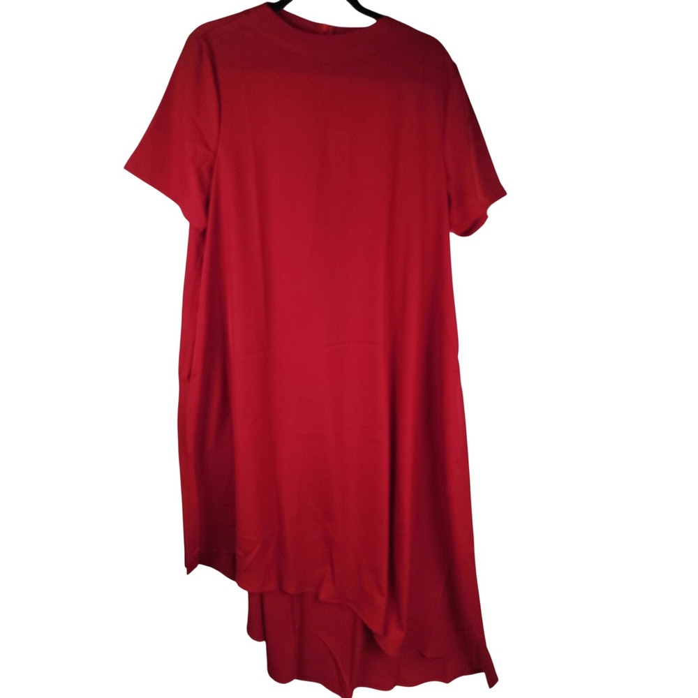 Red Asymmetrical Hem Midi Dress Short Sleeve Mock Neck Size L